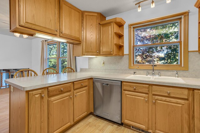 190 Steves Scenic Dr, Horton, MI 49246 - kitchen with stainless steel dishwasher, a sink, light countertops, a peninsula, and light wood finished floors