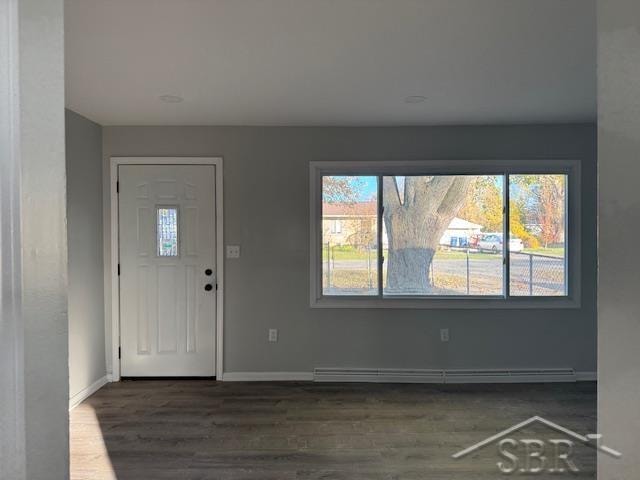 foyer featuring a healthy amount of sunlight, dark hardwood / wood-style flooring, and a baseboard heating unit