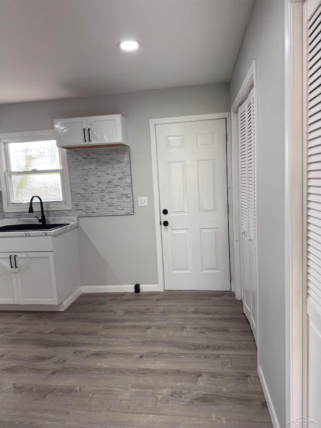 clothes washing area with sink and dark hardwood / wood-style floors