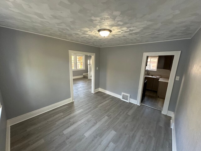 54 Nelson St, Pontiac, MI 48342 - unfurnished room with baseboards, dark wood-style floors, ornamental molding, and a sink