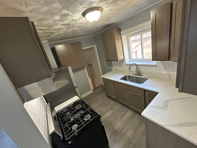54 Nelson St, Pontiac, MI 48342 - kitchen featuring a sink, light stone counters, light wood-type flooring, gas range oven, and backsplash