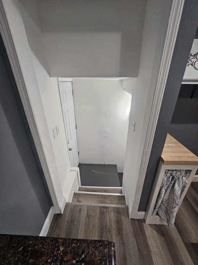 stairway with hardwood / wood-style flooring