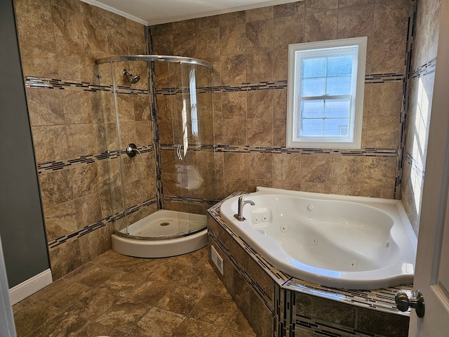 bathroom featuring separate shower and tub