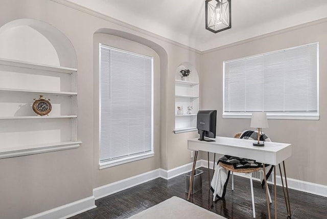 office space featuring built in features and dark wood-type flooring