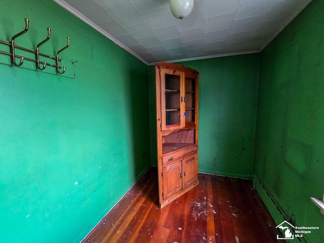 spare room with dark hardwood / wood-style floors and crown molding