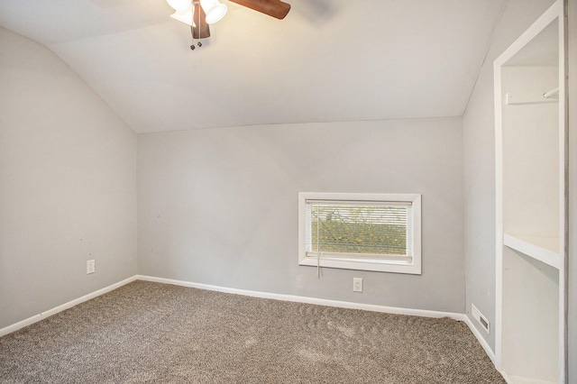 bonus room featuring carpet floors, ceiling fan, and lofted ceiling