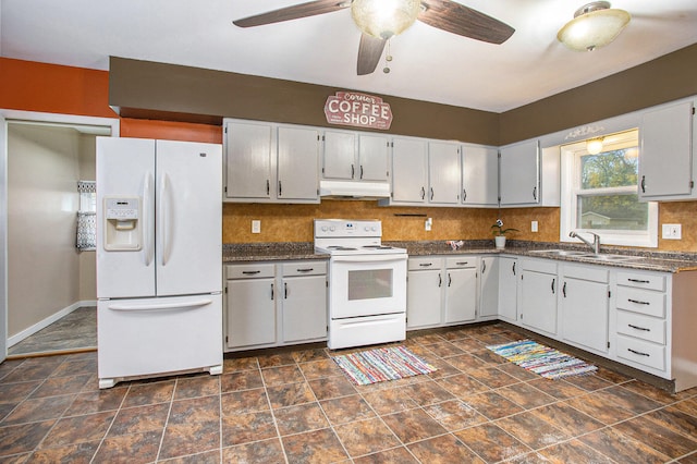 kitchen featuring decorative backsplash, white appliances, ceiling fan, and sink