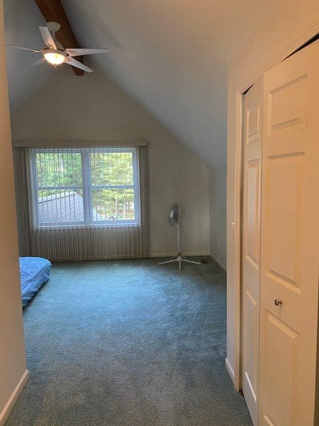 additional living space with carpet, vaulted ceiling, and ceiling fan