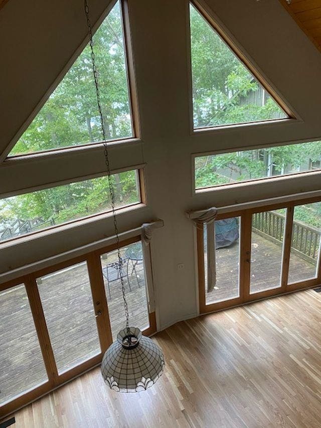 interior space featuring a towering ceiling and light hardwood / wood-style flooring