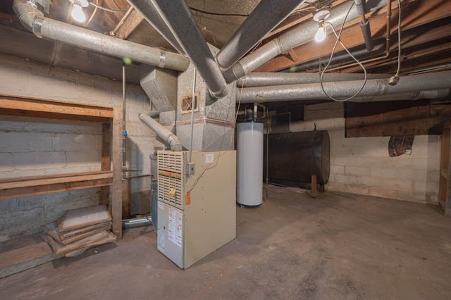 basement featuring gas water heater and heating unit