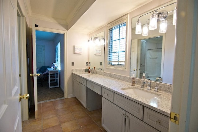 755 Majestic, Rochester Hills, MI 48306 - ensuite bathroom with double vanity, ornamental molding, a sink, and a shower