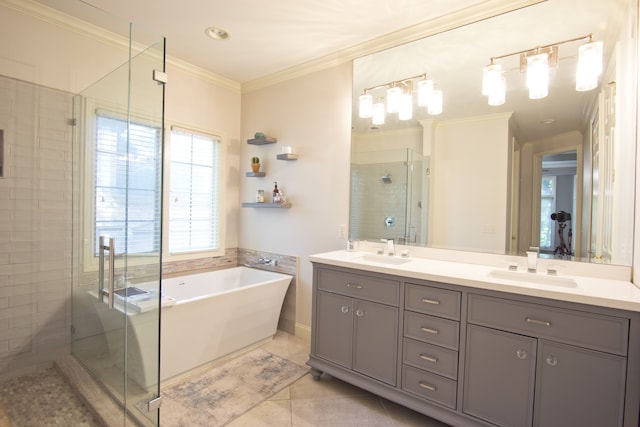 bathroom featuring crown molding, tile patterned flooring, vanity, and shower with separate bathtub