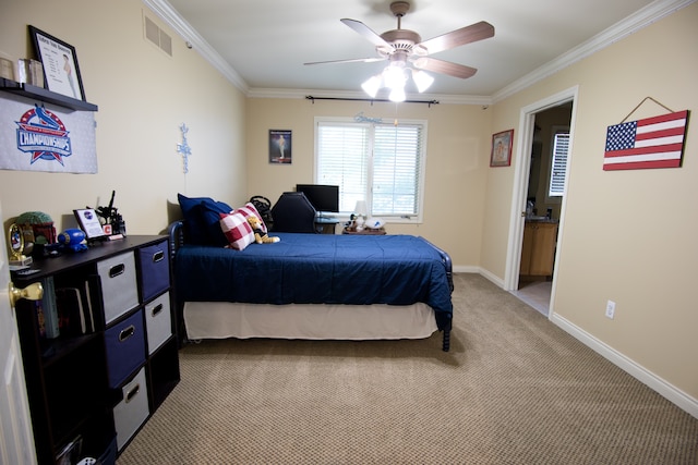 bedroom featuring carpet flooring, ceiling fan, and ornamental molding