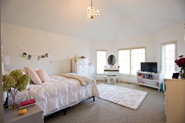755 Majestic, Rochester Hills, MI 48306 - carpeted bedroom featuring visible vents, a notable chandelier, and vaulted ceiling