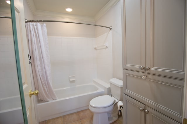 bathroom with tile patterned floors, toilet, shower / bathtub combination with curtain, and ornamental molding