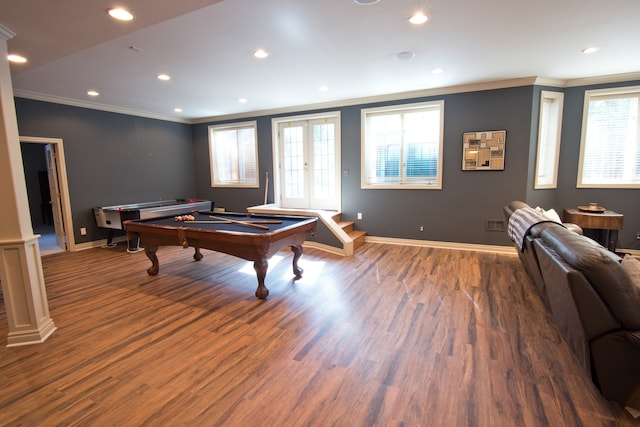 playroom with wood-type flooring, crown molding, pool table, and french doors