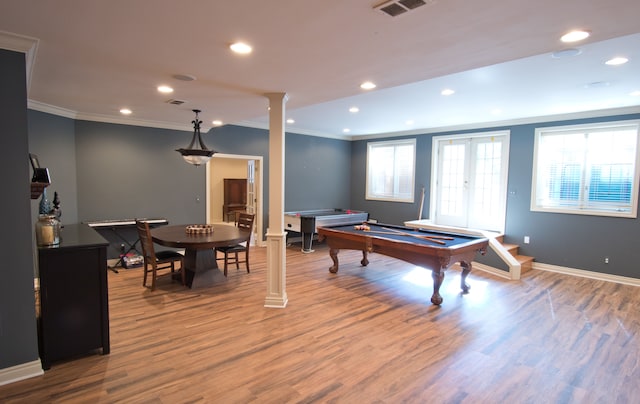 recreation room featuring crown molding, french doors, wood-type flooring, and billiards