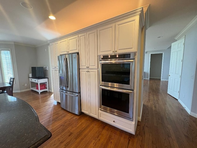 755 Majestic, Rochester Hills, MI 48306 - kitchen featuring baseboards, ornamental molding, dark wood finished floors, and stainless steel appliances