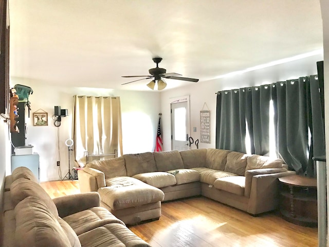 living room featuring ceiling fan and light wood-type flooring