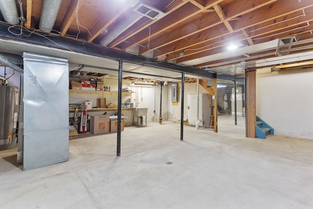 basement with electric panel, heating unit, and water heater