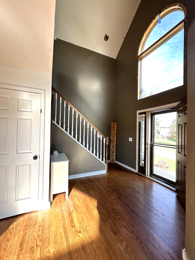 entrance foyer with hardwood / wood-style floors and high vaulted ceiling