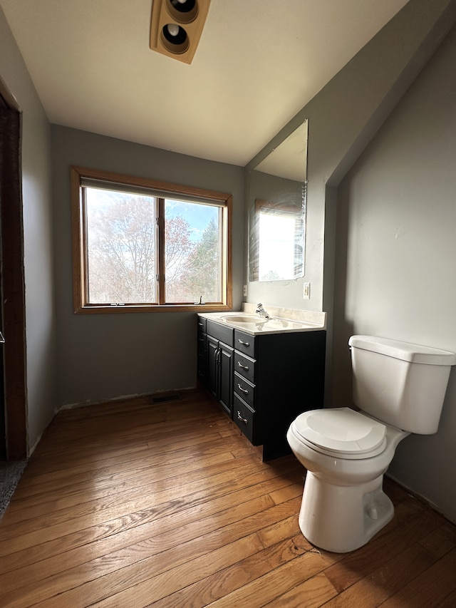 bathroom featuring hardwood / wood-style floors, vanity, and toilet