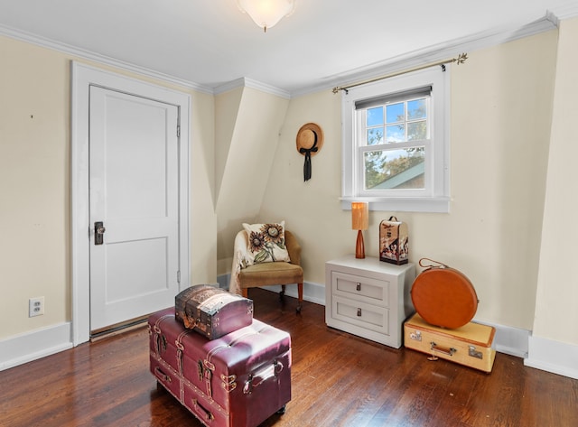 living area featuring dark hardwood / wood-style flooring and ornamental molding