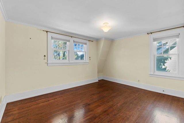 empty room featuring plenty of natural light, dark hardwood / wood-style floors, and crown molding