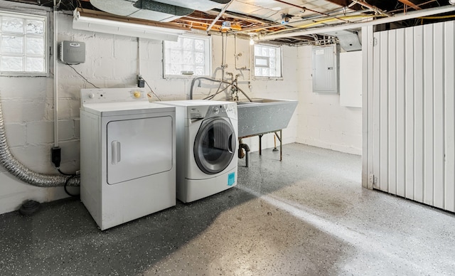 laundry room with electric panel and washer and dryer