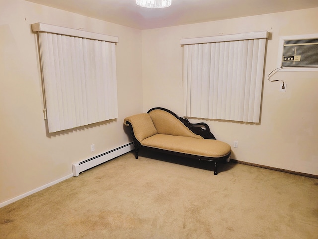 living area with baseboard heating, a wall mounted AC, and light carpet