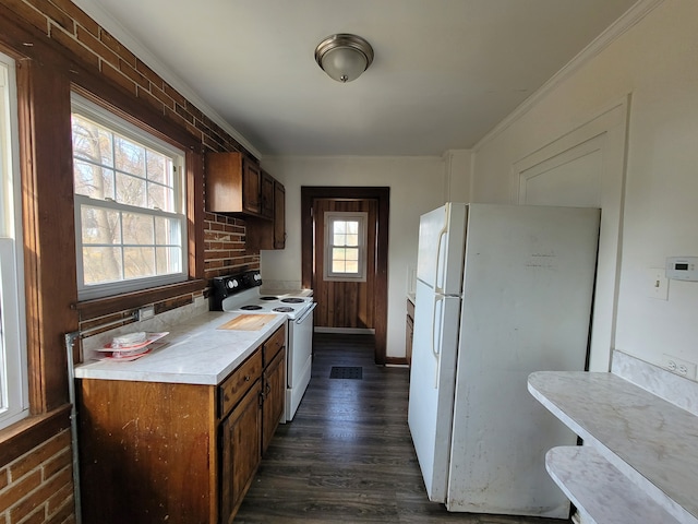 kitchen featuring crown molding, white appliances, and dark hardwood / wood-style floors