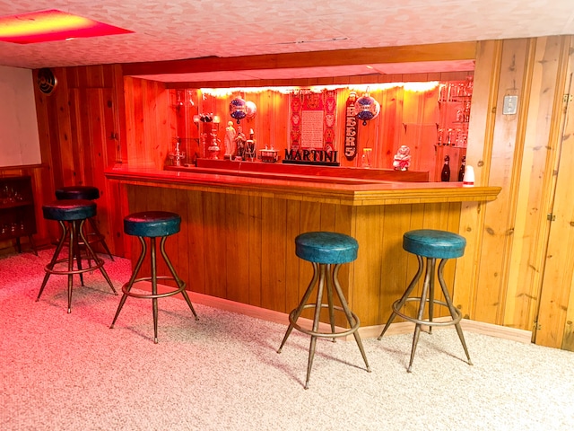 bar featuring wood walls and carpet floors