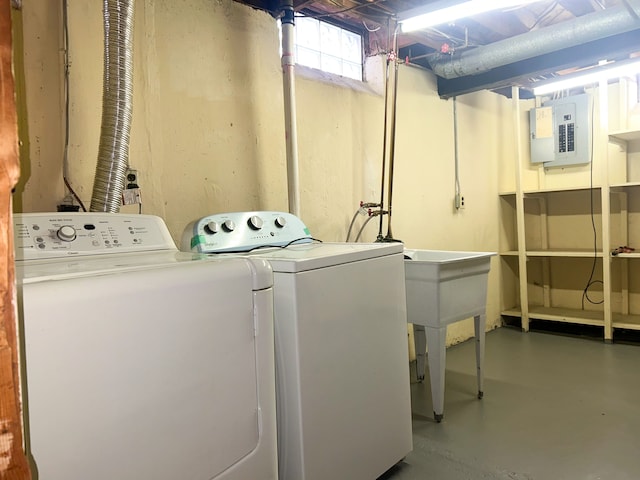 laundry room featuring electric panel and separate washer and dryer