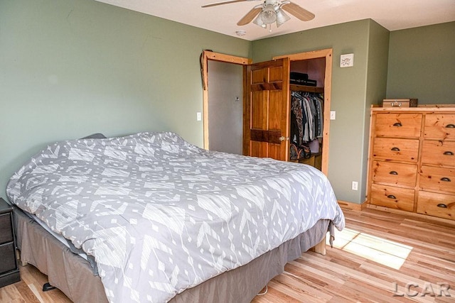 bedroom with ceiling fan, a closet, a spacious closet, and light hardwood / wood-style flooring