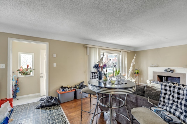 living room with hardwood / wood-style flooring and a textured ceiling