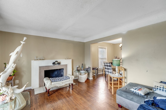 living room featuring wood-type flooring and a textured ceiling