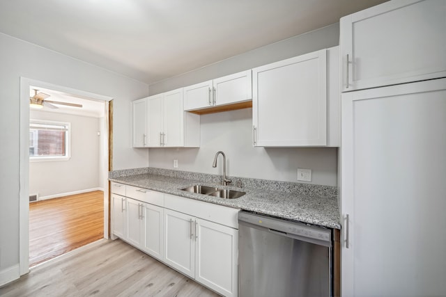 kitchen featuring white cabinets, light hardwood / wood-style flooring, stainless steel dishwasher, and sink