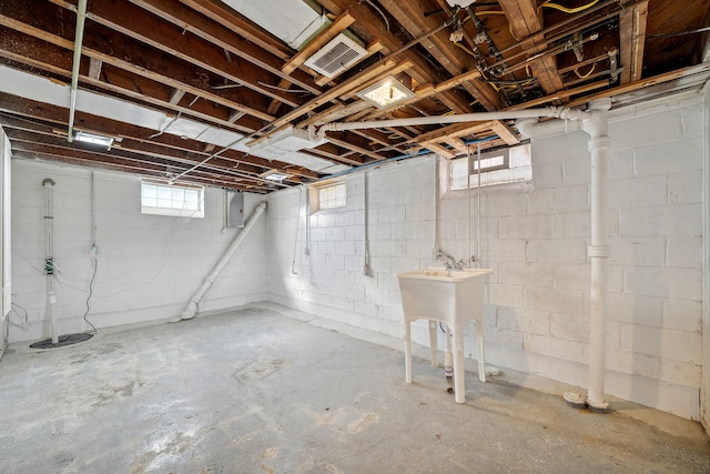 basement featuring a healthy amount of sunlight, sink, and electric panel