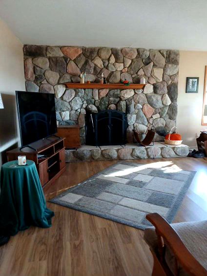 living room with hardwood / wood-style floors and a stone fireplace