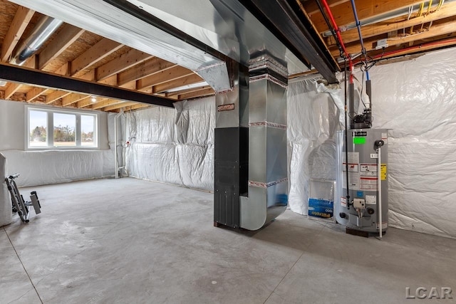 basement with heating unit and water heater