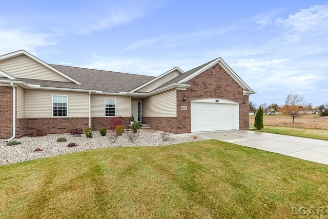 single story home featuring a garage and a front lawn