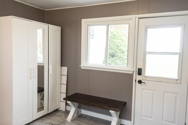 317 Maiden Ln, Saint Joseph, MI 49085 - doorway to outside featuring light wood finished floors, crown molding, and wooden walls