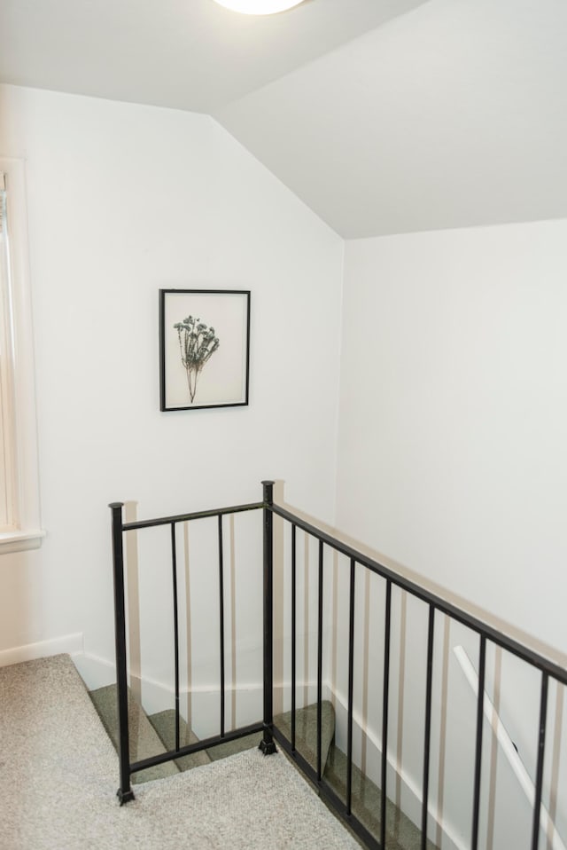 stairway featuring carpet and lofted ceiling