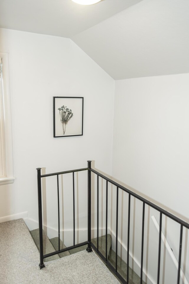 317 Maiden Ln, Saint Joseph, MI 49085 - staircase with carpet, lofted ceiling, and baseboards