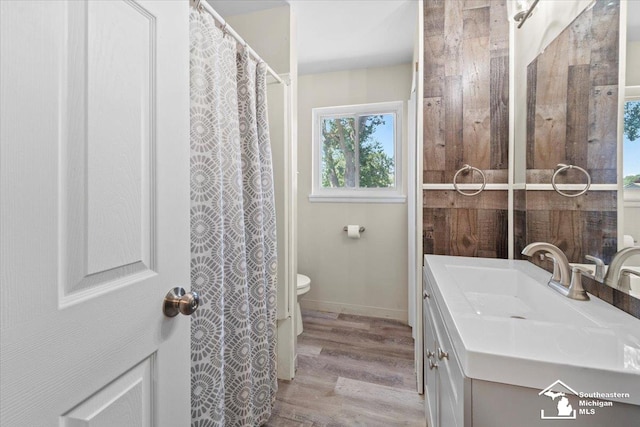 bathroom featuring hardwood / wood-style flooring, vanity, and toilet