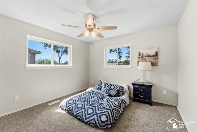 bedroom featuring ceiling fan and carpet floors