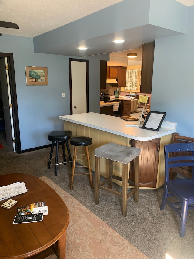 interior space featuring decorative backsplash, black electric range oven, and light carpet