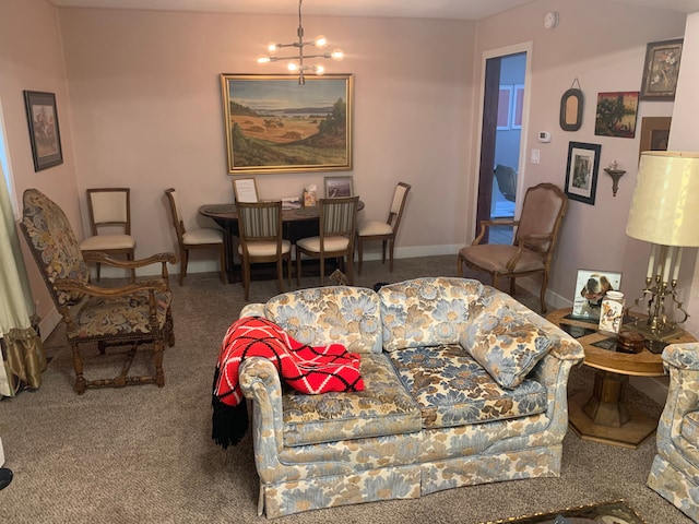 living room with carpet and a chandelier