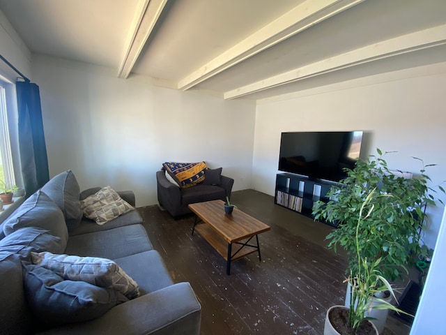 living room featuring beam ceiling and dark hardwood / wood-style floors