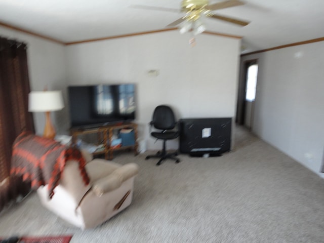 carpeted living room with ceiling fan and crown molding